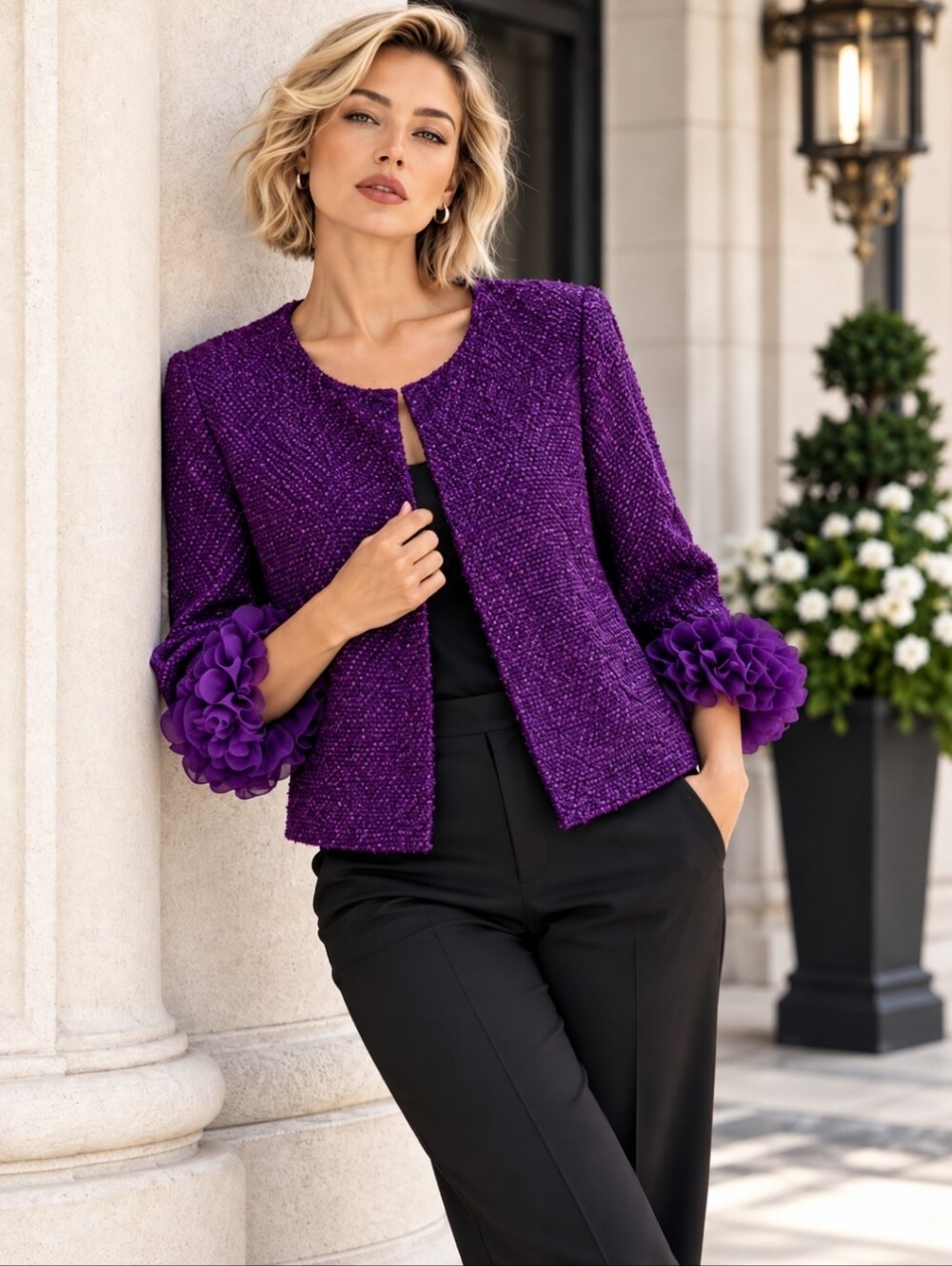 Joan Rivers Vintage Purple Ruffle Sleeve Wool Blend Statement Jacket